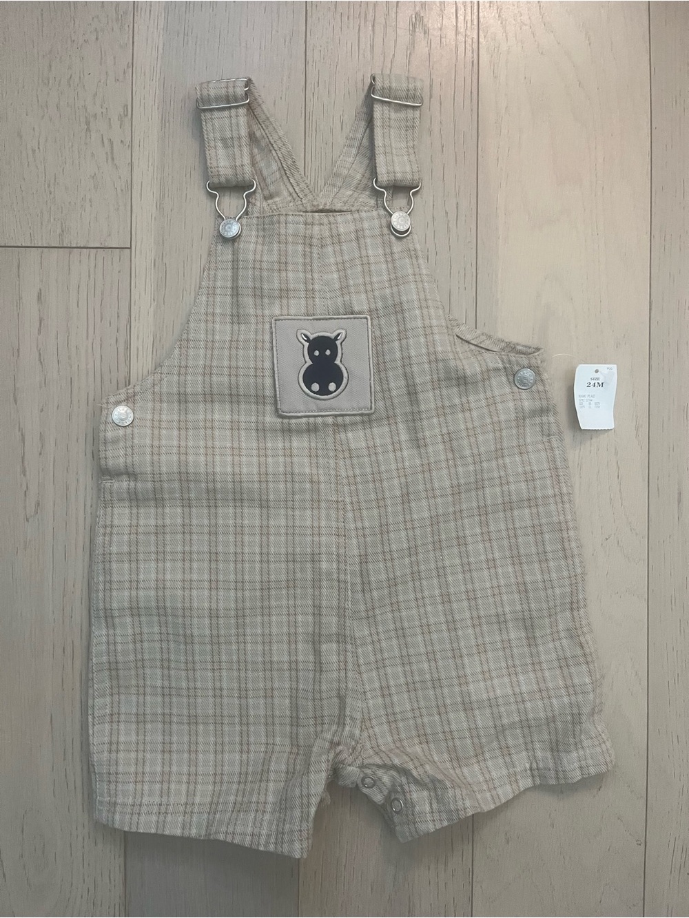 Circo NWT Vintage Tan Plaid Hippo Overall Shortall Romper 24M